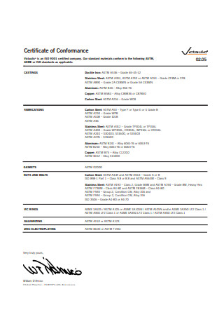 Certificate of Material Conformance