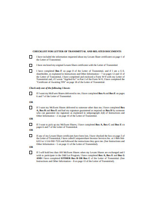 Checklist for Letter of Transmittal