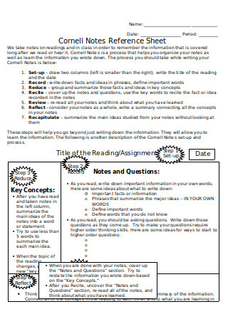 Cornell Notes Reference Sheet
