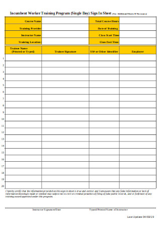 Customized Training Sign In Sheet