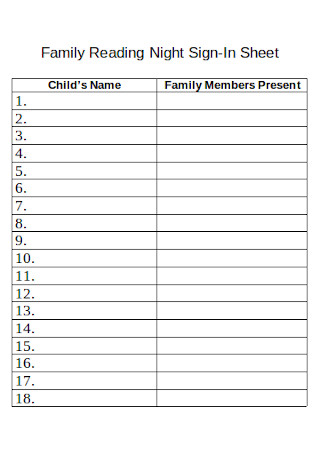 Family Reading Night Sign In Sheet