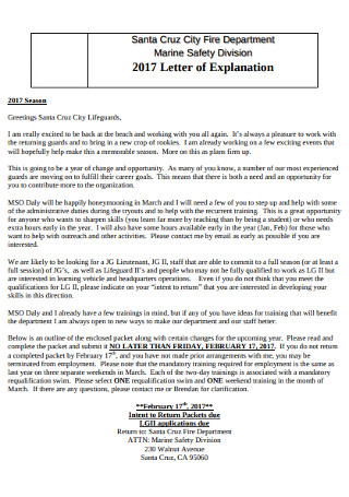 Fire Safety Letter of Explanation