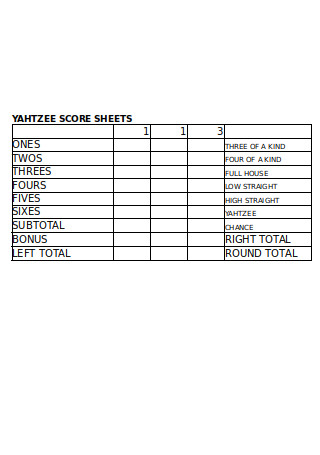 Format of Yahtzee Score Sheets