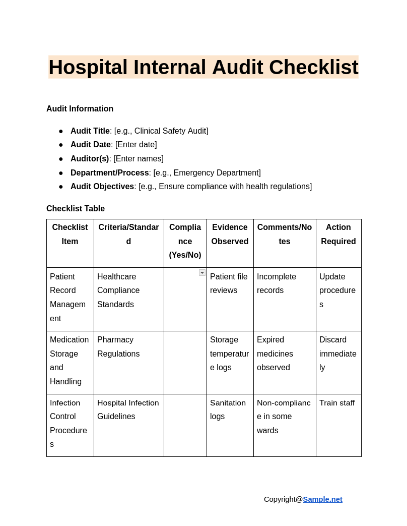 Hospital Internal Audit Checklist Google Docs 01 03 2025 10 54 AM