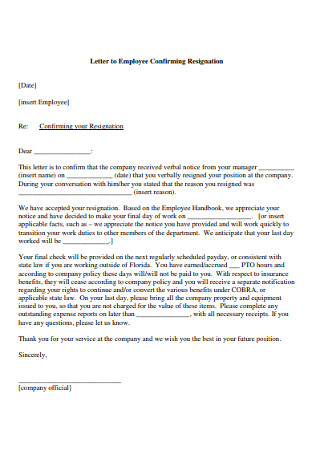 Letter to Employee Confirming Resignation 