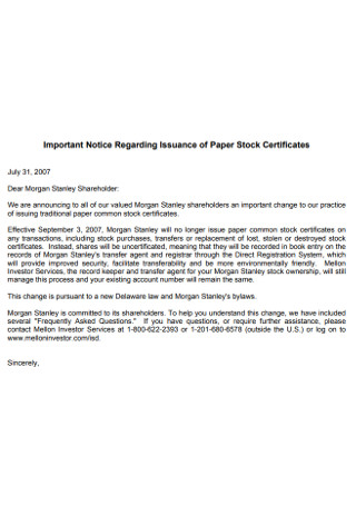 Notice Regarding Issuance of Paper Stock Certificates 