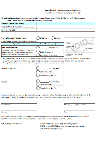Payroll Check Direct Deposit Authorization Template