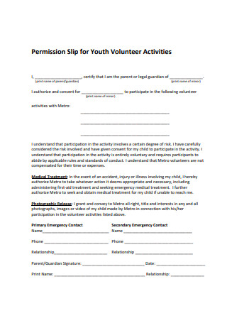 Permission Slip for Youth Volunteer