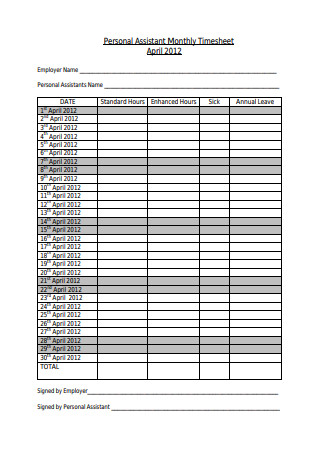 Personal Assistant Monthly Timesheet
