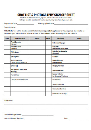 Photography Sign Off Sheet and Short List Template