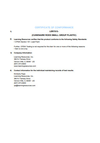 Product Certificate of Conformance Format