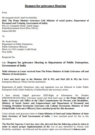 Request for Grievance Hearing Letter