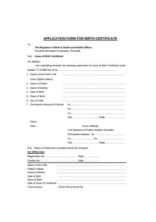 Sample Application Form for Birth Certificate