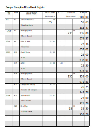 Sample Completed Checkbook Register