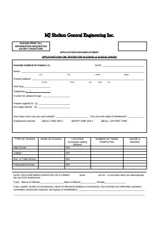 Sample Employment Application Form Example
