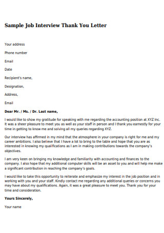 Sample Job Interview Thank You Letter