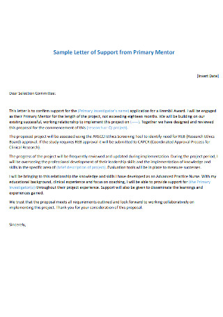Sample Letter of Support from Primary Mentor