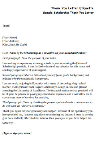Sample Scholarship Thank You Letter