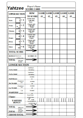 Sample Yahtzee Scorecard