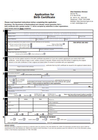 Standard Application for Birth Certificate
