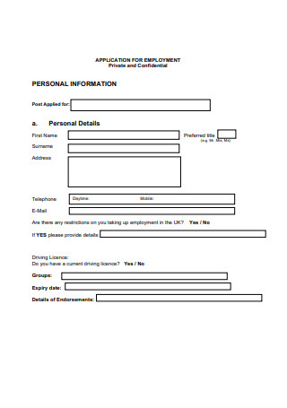 Standard Application for Employment Form Sample