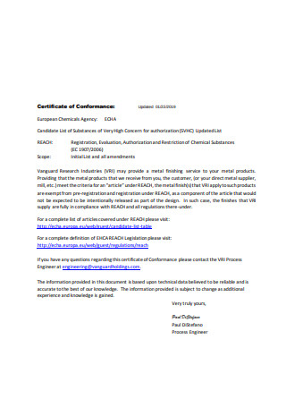 Standard Certificate of Conformance Format