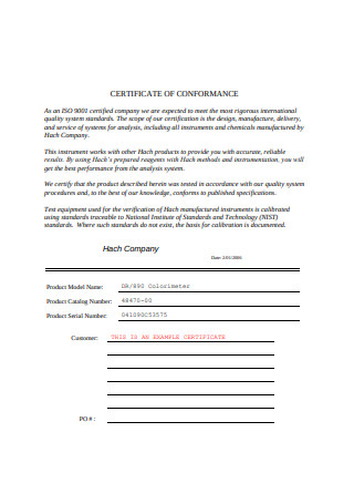 Standard Certificate of Conformance Sample