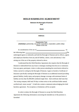 Standard Hold Harmless Agreement