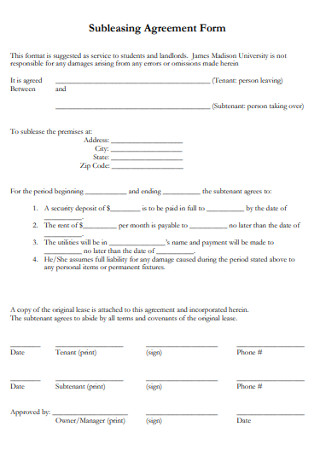 Subleasing Agreement Form