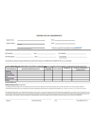 Supplier Certificate of Conformance Format