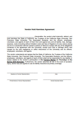 Vendor Hold Harmless Agreement Format