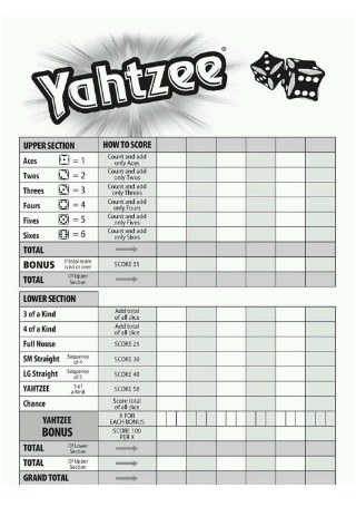 Yahtzee Dice Score Sheet