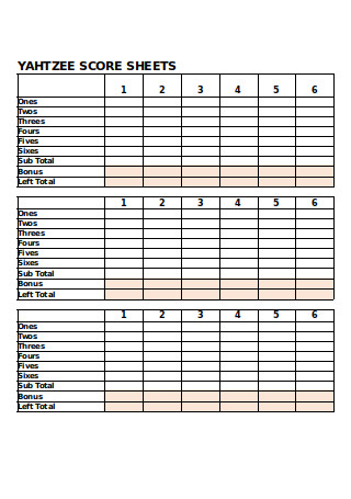 Yahtzee Score Sheets in Excel
