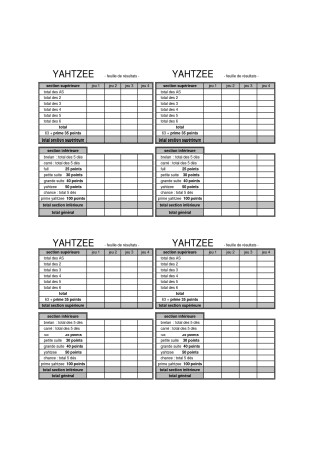 Yahtzee Scorecard Sheets