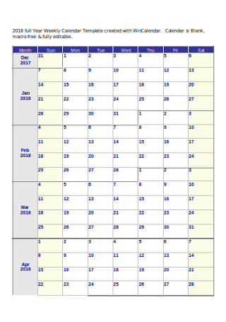 Year Weekly Calendar Template
