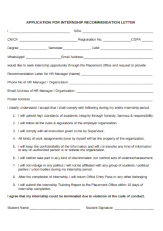 Application for internship Recommendation Letter
