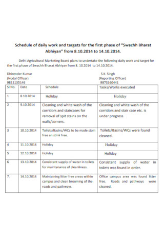 Daily Work Target Schedule Template