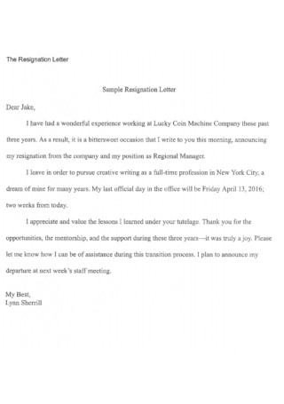 Formal Two Weeks Notice Resignation Letter