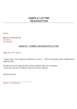 Formal Two Weeks Resignation Letter Template