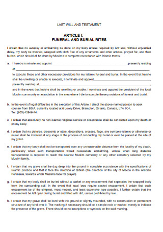 Funeral Last Will and Testament Template