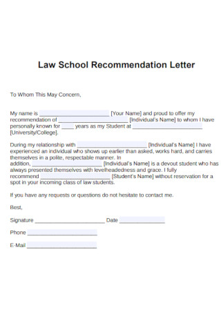 Law School Recommendation Letter