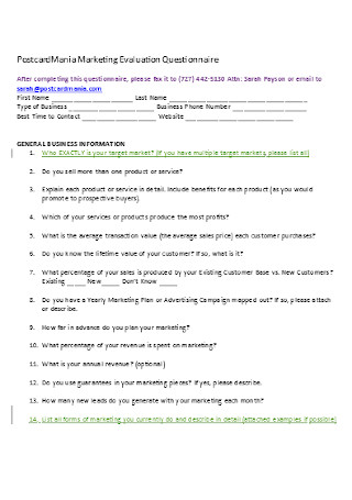 Marketing Evaluation Questionnaire Template