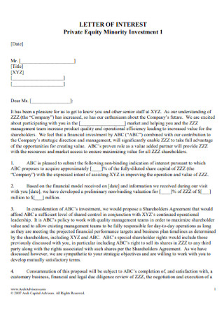 Private Equity Minority Investment Letter of Interest