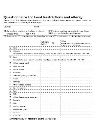 Questionnaire for Food Restrictions and Allergy