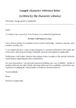 Sample Character Reference Letter