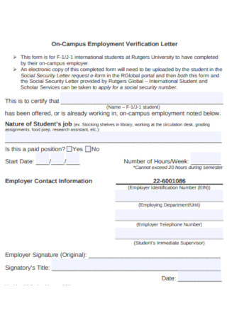 Sample On Campus Employment Verification Letter