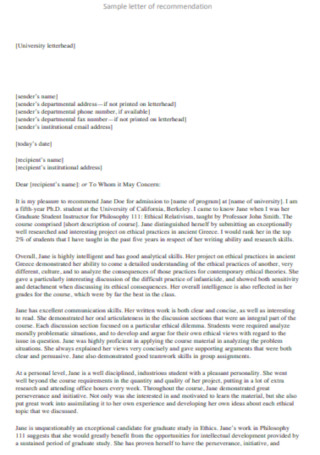 Sample Recommendation Letter for University Graduate School