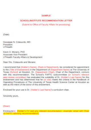 Sample School and Institute Recommendation Letter Template