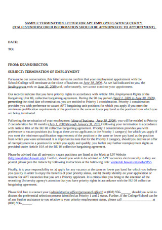 Sample Security Employee Termination Letter