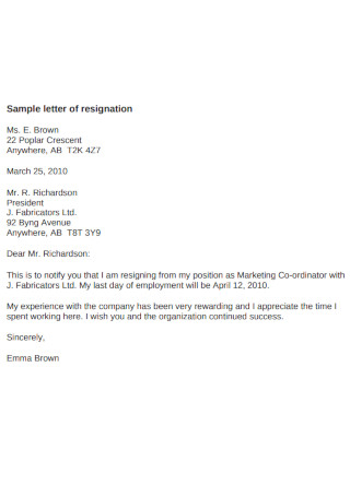 Sample Two Weeks Notice Company Resignation Letter